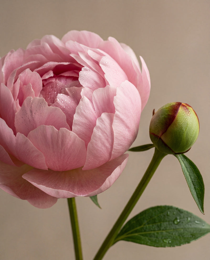 Blush Peony & Suede scent notes: a blush pink peony in bloom with a peony bud