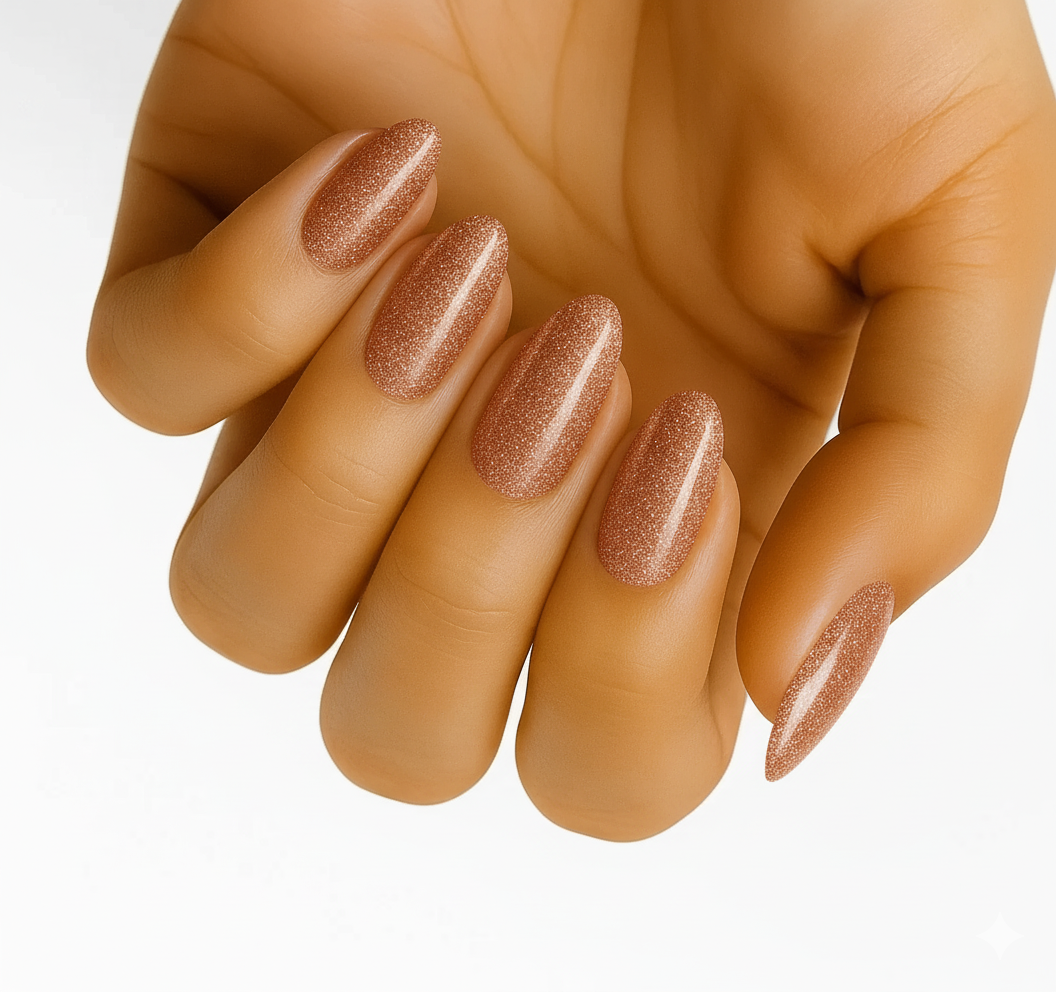 Copper Glitter (Non-UV Nail Wraps): close-up of warm copper glitter almond nails