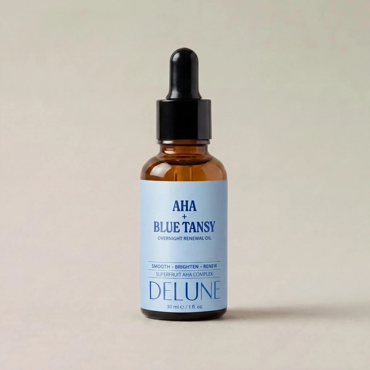 Delune AHA + Blue Tansy Overnight Renewal Oil studio packshot