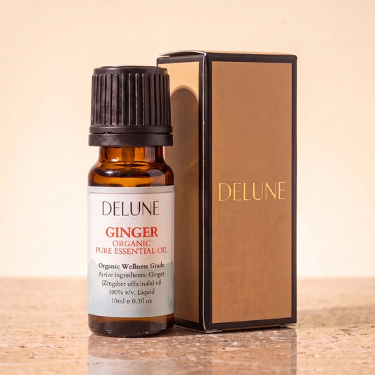 Delune Ginger Organic Wellness Grade Essential Oil, 10ml amber glass bottle with its gold-foil Delune gift box on warm travertine stone