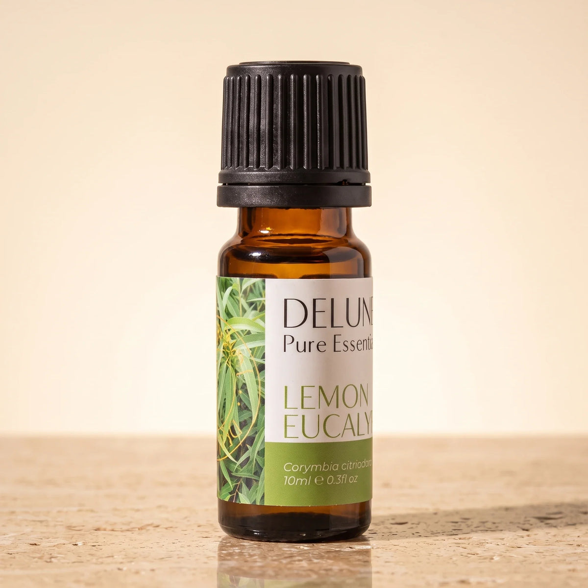 Delune Lemon Eucalyptus Pure Essential Oil, 10ml amber glass bottle on warm travertine stone