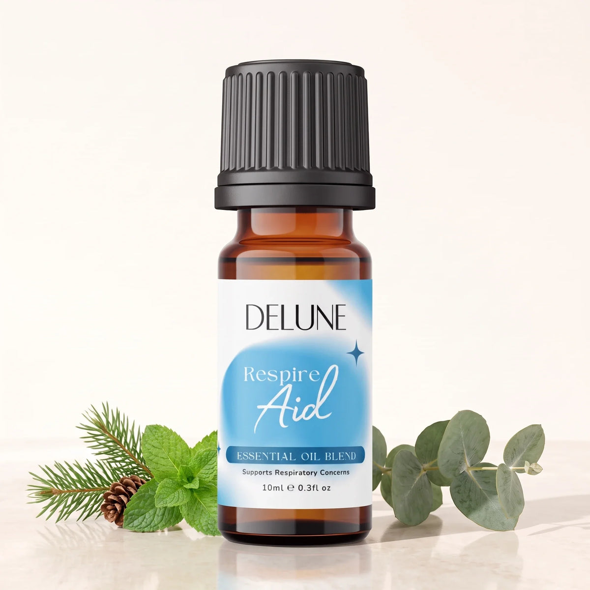 Delune Respire Aid Essential Oil Blend 10ml amber glass bottle with fresh eucalyptus, mint and pine